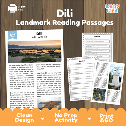 Dili landmark reading passage and comprehension worksheet educational unit featuring nonfiction text and authentic Dili Timor-Leste coastal photography