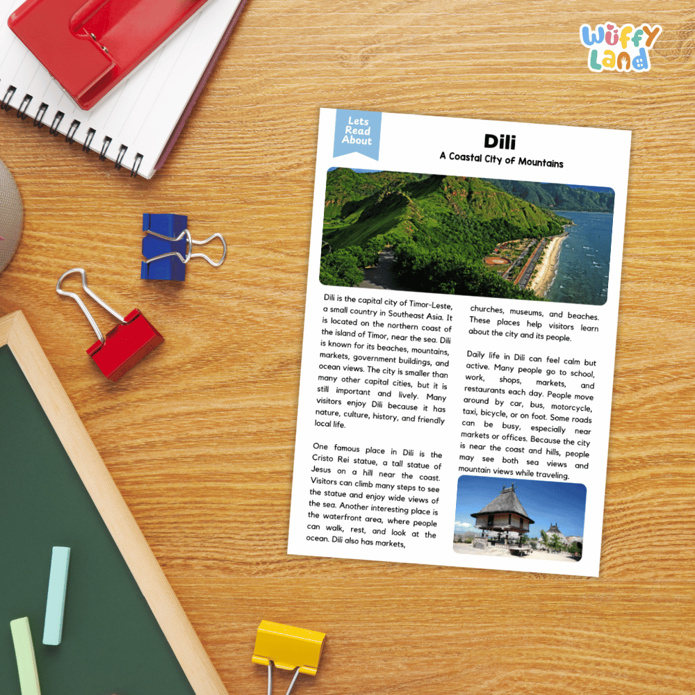Lined reading comprehension question worksheet covering main ideas vocabulary terms and landmark facts about Dili Timor-Leste