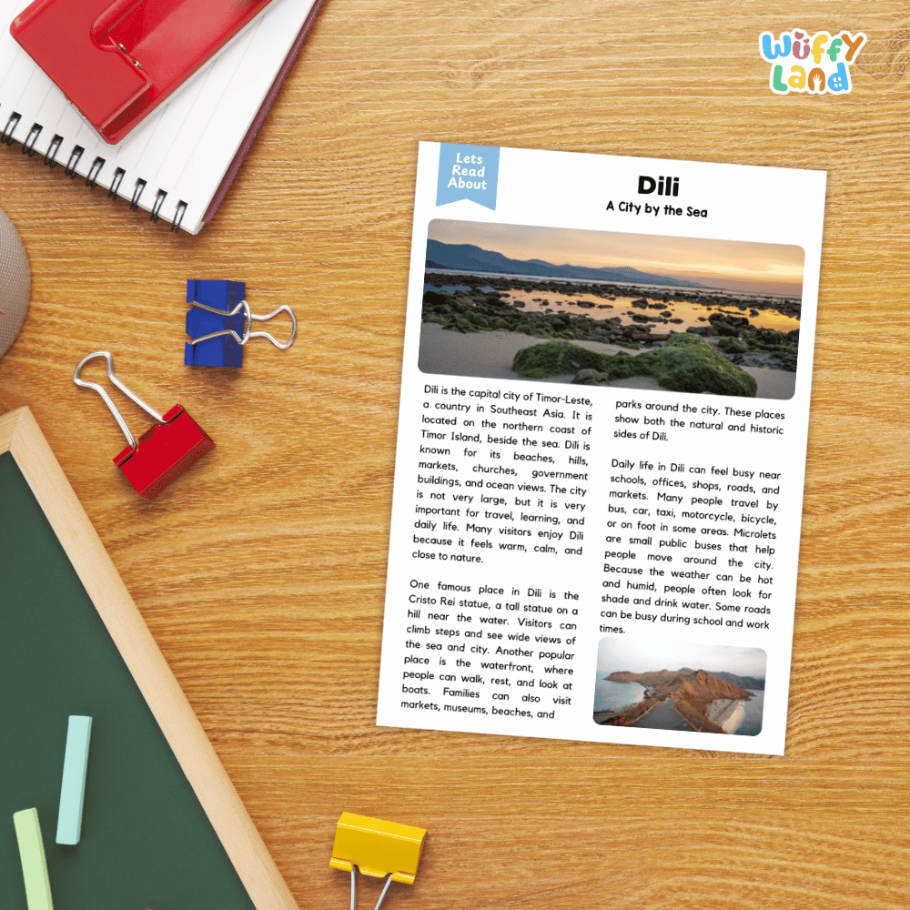 Lined reading comprehension question worksheet covering main ideas vocabulary terms and landmark facts about Dili Timor-Leste