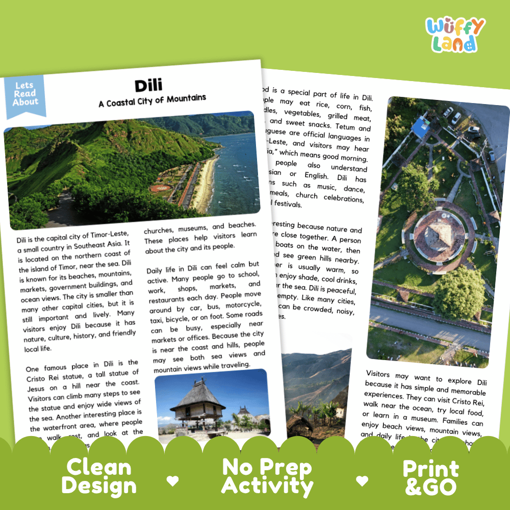 Reference sheet and answer key for Dili landmark reading passage displaying completed comprehension answers and Southeast Asian geography facts