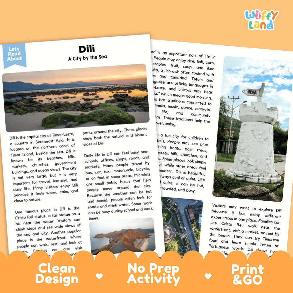 Reference sheet and answer key for Dili landmark reading passage displaying completed comprehension answers and Southeast Asian geography facts