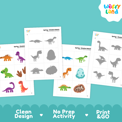 Full color dinosaur object cards featuring Stegosaurus, Triceratops, Brachiosaurus, footprints, and T-Rex
