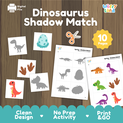 Dinosaur shadow match activity cover showing 10-page printable pack with T-Rex silhouette, dinosaur egg, footprint, and shadow matching worksheets