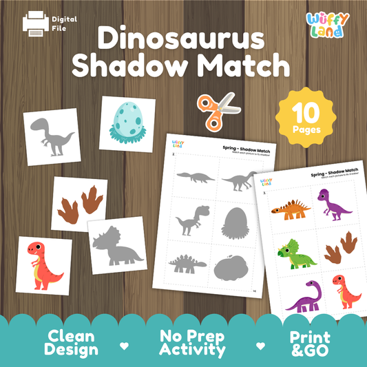 Dinosaur shadow match activity cover showing 10-page printable pack with T-Rex silhouette, dinosaur egg, footprint, and shadow matching worksheets