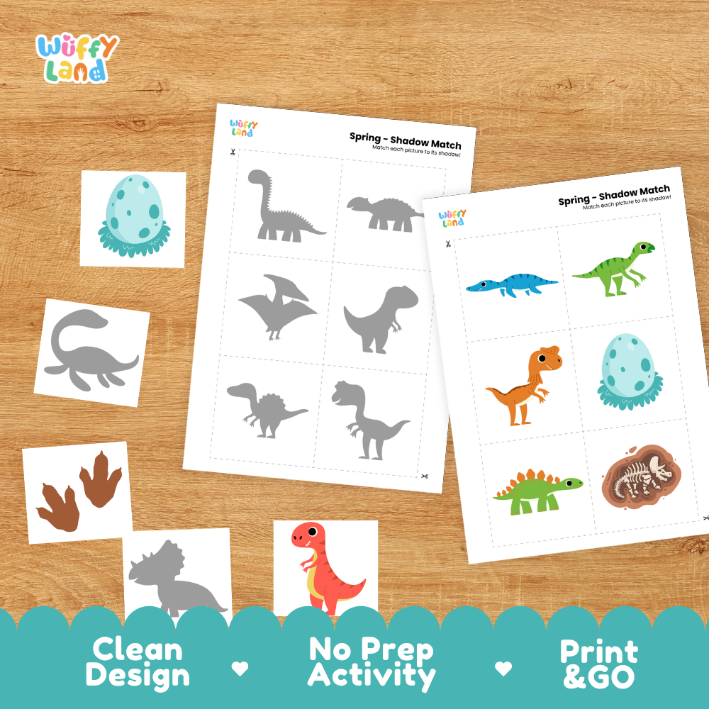 Printable shadow matching grid sheet showing silhouettes of walking dinosaurs, hatching eggs, and plated dinosaurs