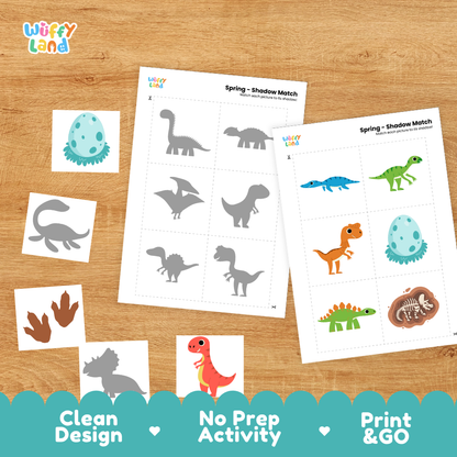 Printable shadow matching grid sheet showing silhouettes of walking dinosaurs, hatching eggs, and plated dinosaurs