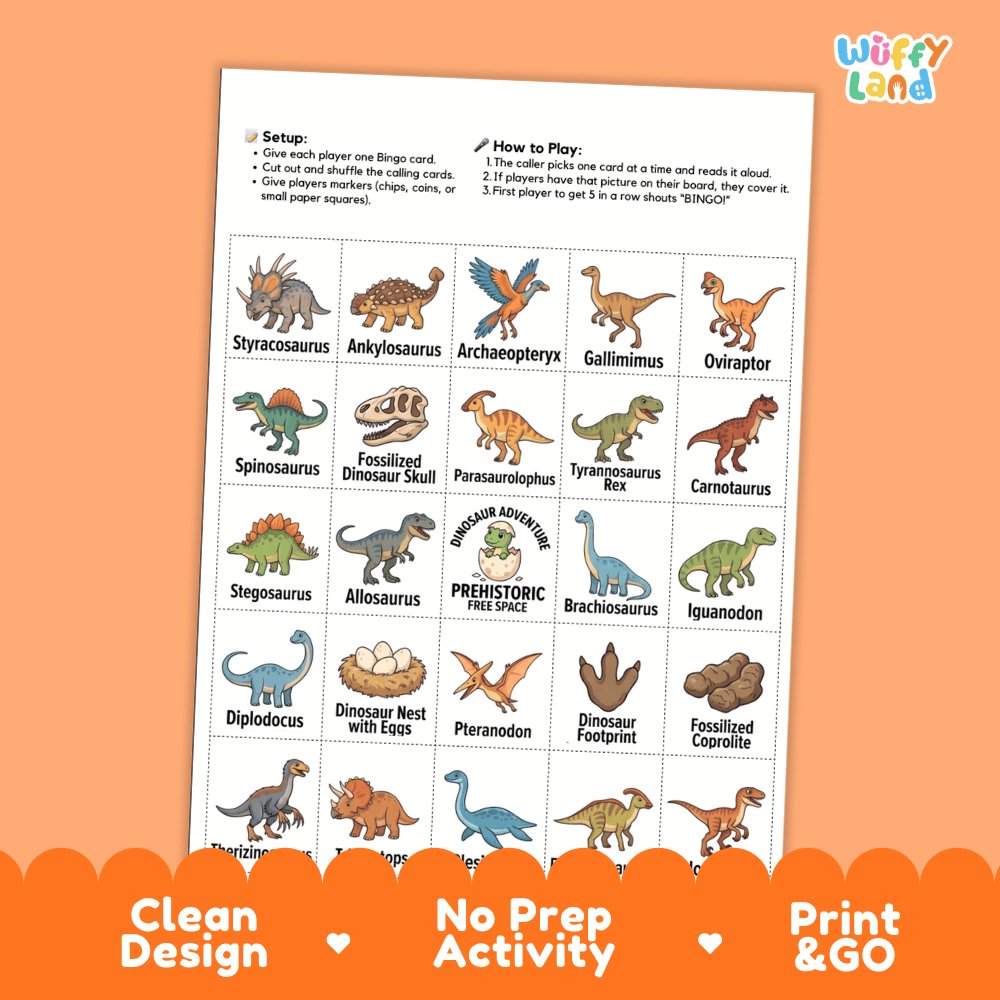 Dinosaur Adventure Bingo Games Printable Activity