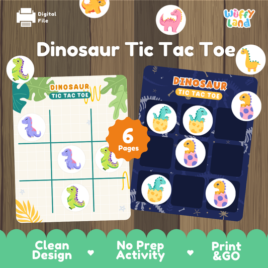 Dinosaur Tic Tac Toe digital activity game cover featuring two printable game boards on a wood background, with dinosaur stickers, a '6 Pages' badge, and the brand name 'Wiffy Land'.