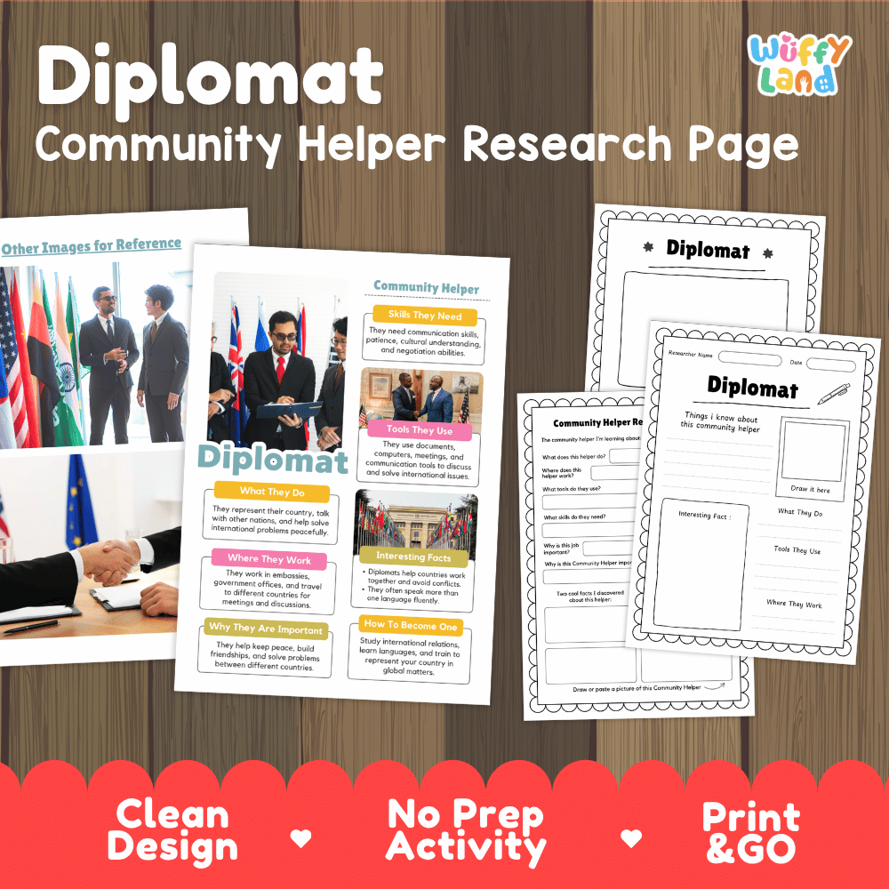Diplomat community helper research page writing worksheets pack featuring real photos and student activity pages for elementary social studies