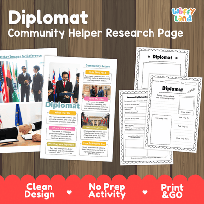 Diplomat community helper research page writing worksheets pack featuring real photos and student activity pages for elementary social studies