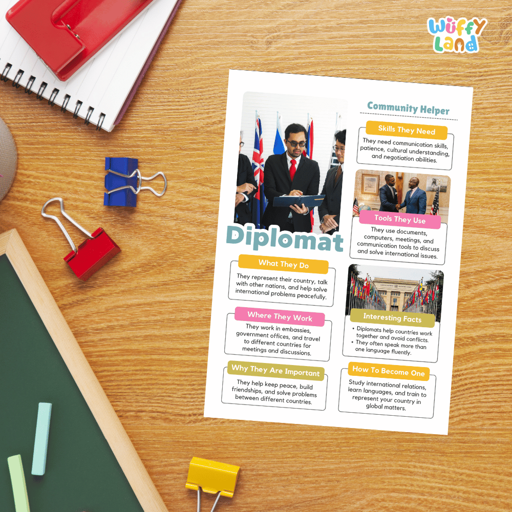 Guided student writing worksheets with lined sections for recording facts and a dedicated box for drawing or pasting a picture of a diplomat