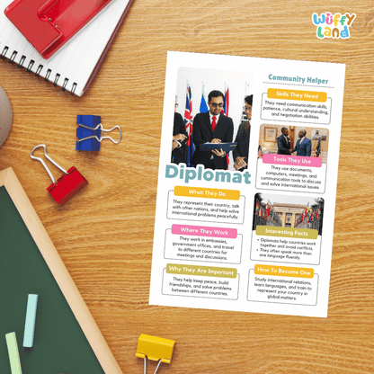Guided student writing worksheets with lined sections for recording facts and a dedicated box for drawing or pasting a picture of a diplomat