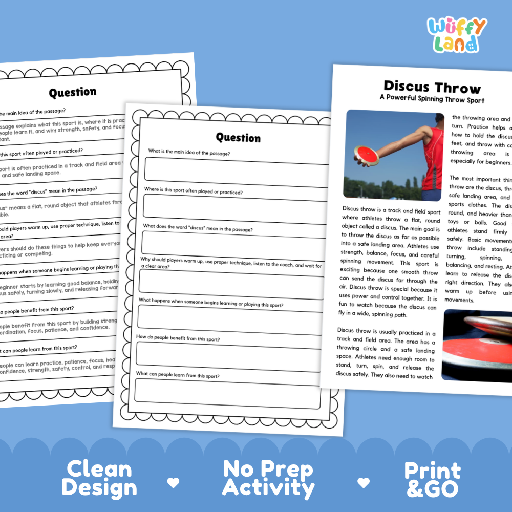 Three printable lesson/activity sheets for Discus Throw are shown on a blue background with the text 'Clean Design', 'No Prep Activity', and 'Print & GO'. The sheets include a worksheet titled 'Question' and an activity sheet titled 'Discus Throw: A Powerful Spinning Throw Sport' with text and small photos of discus athletes.