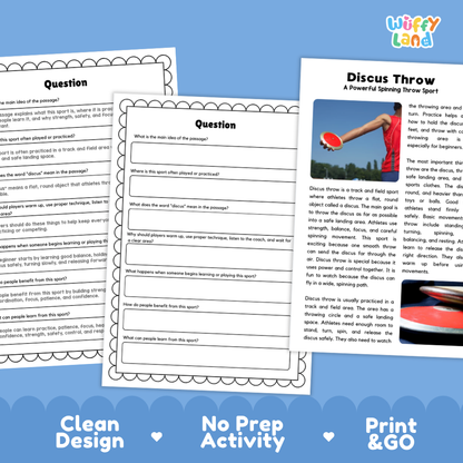 Three printable lesson/activity sheets for Discus Throw are shown on a blue background with the text 'Clean Design', 'No Prep Activity', and 'Print & GO'. The sheets include a worksheet titled 'Question' and an activity sheet titled 'Discus Throw: A Powerful Spinning Throw Sport' with text and small photos of discus athletes.