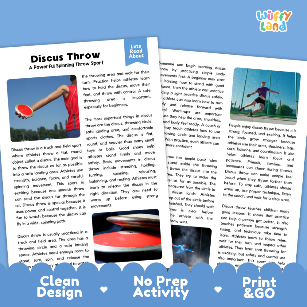 A printed activity sheet titled 'Powerful Spinning Throw Sport' with a blue action photo of a discus throw, instructional text, and a 'Let's Read About' panel. The sheet is shown on a white background with a 'Wuffy Land' logo at the bottom.