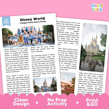 Disney World Landmark Reading Passages and Comprehension Questions Worksheets
