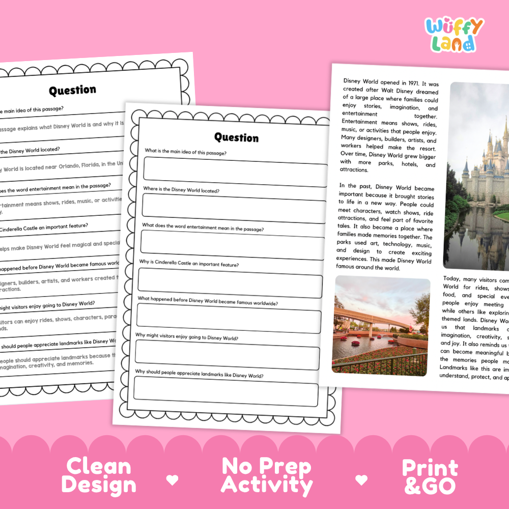 Disney World Landmark Reading Passages and Comprehension Questions Worksheets
