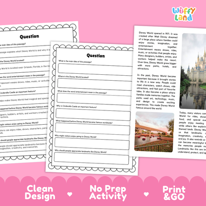 Disney World Landmark Reading Passages and Comprehension Questions Worksheets