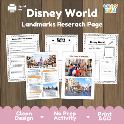 Disney World Landmark Research Page Worksheets and Fact Sheet Activity