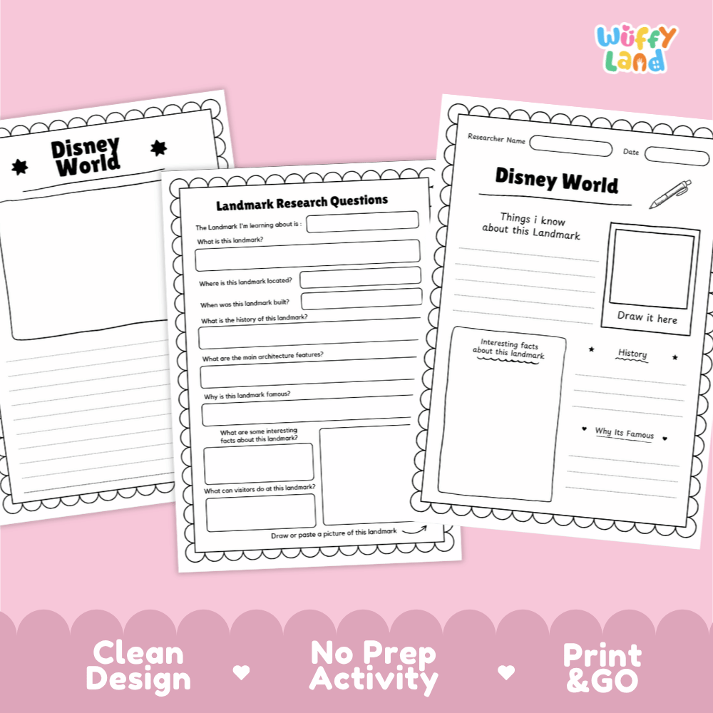 Disney World Landmark Research Page Worksheets and Fact Sheet Activity