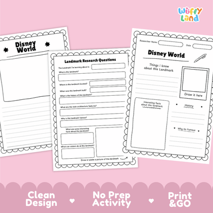 Disney World Landmark Research Page Worksheets and Fact Sheet Activity