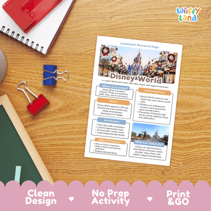 Disney World Landmark Research Page Worksheets and Fact Sheet Activity