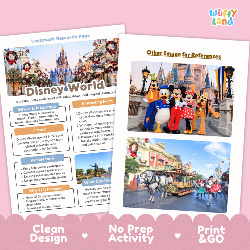 Disney World Landmark Research Page Worksheets and Fact Sheet Activity