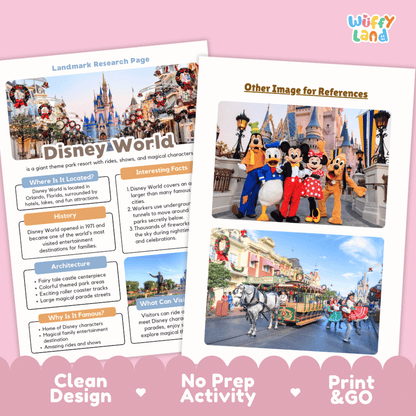 Disney World Landmark Research Page Worksheets and Fact Sheet Activity