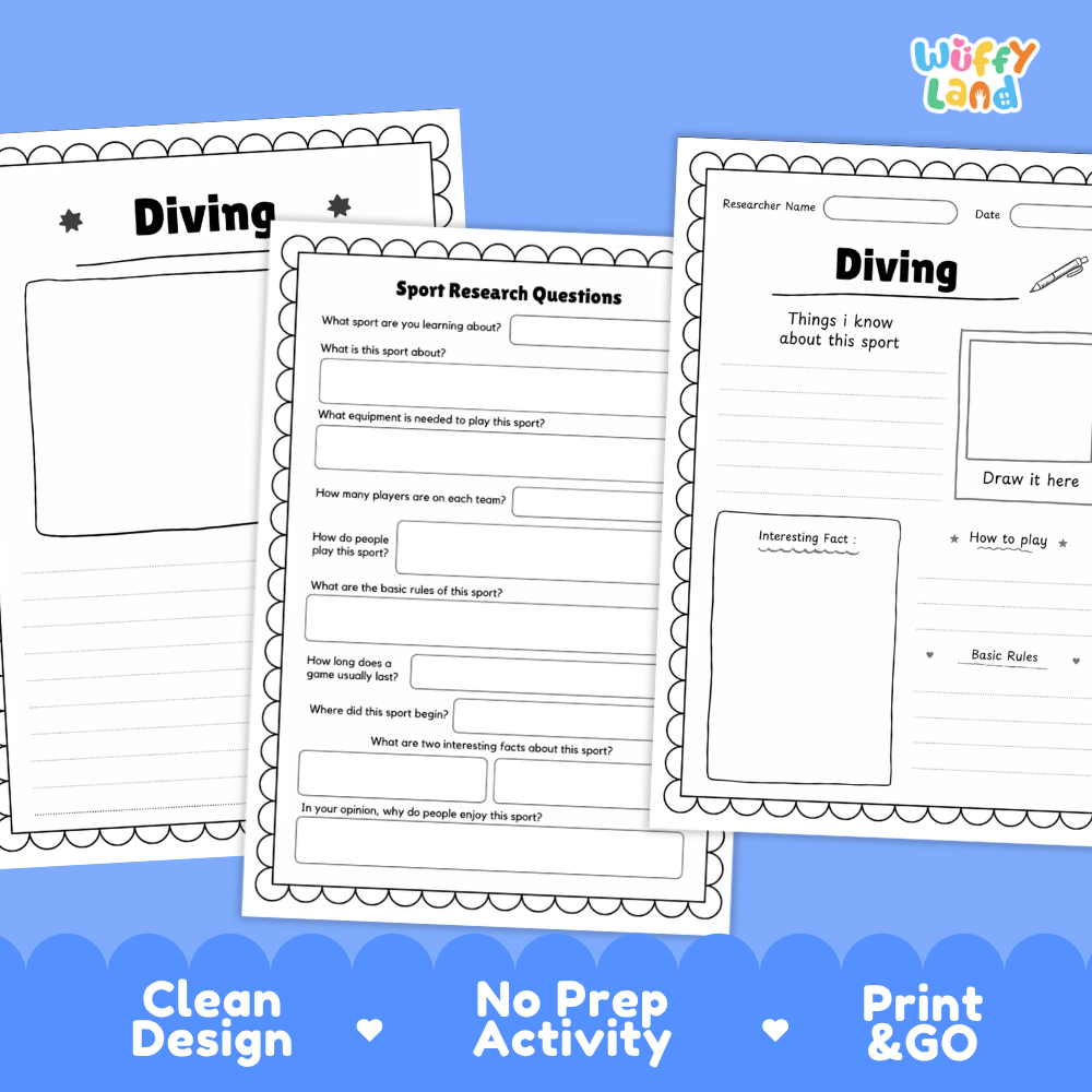 Three printable worksheet pages about diving and sport research are shown on a blue background with the text 'Clean Design', 'No Prep Activity', and 'Print & GO'. The worksheets have black outlines, white paper areas, and blue accents.