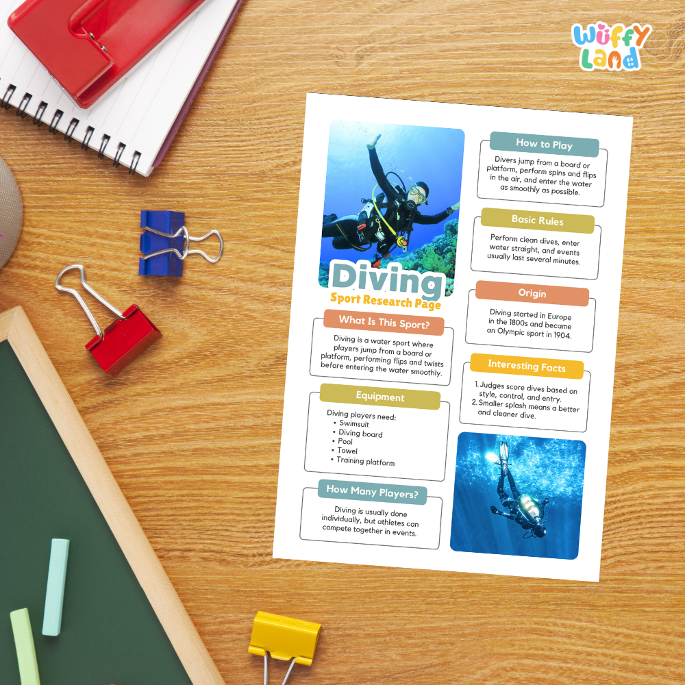 Diving Sport Research Project Worksheets and Fact Sheet Activity
