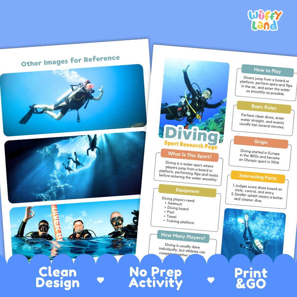 Two printed diving activity sheets displayed on a white background with decorative blue banners at the bottom. The sheets feature scuba diving photos, text sections like 'How to Play,' 'Basic Rules,' 'What is this sport?', 'Origin,' and 'Interesting Facts,' and the brand name 'Wiffy Land' in the top right corner.