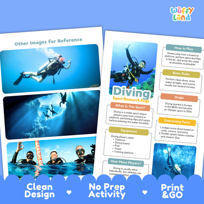 Two printed diving activity sheets displayed on a white background with decorative blue banners at the bottom. The sheets feature scuba diving photos, text sections like 'How to Play,' 'Basic Rules,' 'What is this sport?', 'Origin,' and 'Interesting Facts,' and the brand name 'Wiffy Land' in the top right corner.