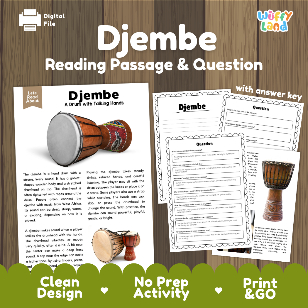 Djembe reading comprehension passage and questions printable activity pack with answer key for elementary students