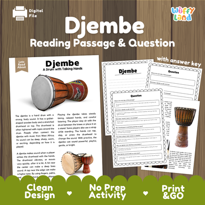 Djembe reading comprehension passage and questions printable activity pack with answer key for elementary students