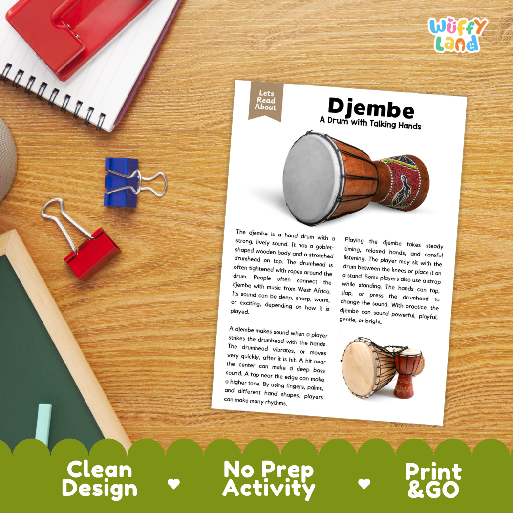 Student reading comprehension worksheet with short-answer questions and lined sections about the djembe drum