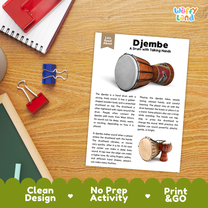 Student reading comprehension worksheet with short-answer questions and lined sections about the djembe drum
