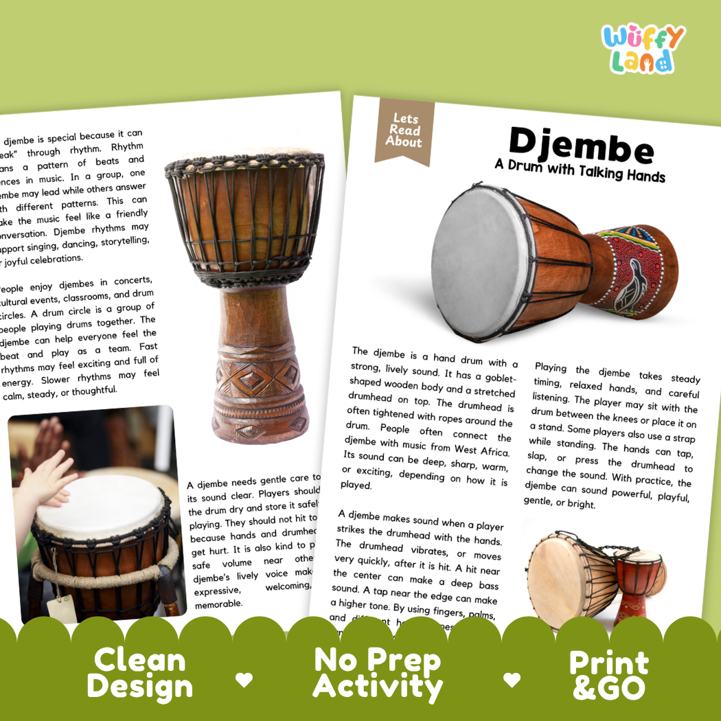 Teacher answer key page showing complete question solutions for Djembe music education reading comprehension practice