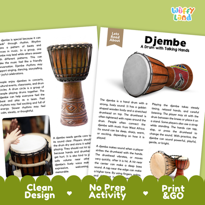 Teacher answer key page showing complete question solutions for Djembe music education reading comprehension practice