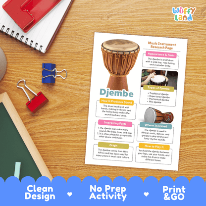 Djembe Music Research Page Worksheets and Fact Sheet