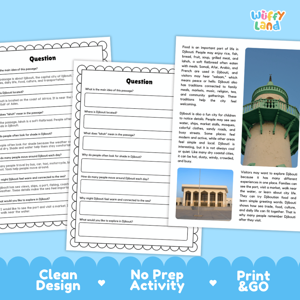 Student reading passage titled A City by the Red Sea detailing Djibouti city Red Sea port mosques lahoh and coastal desert photography