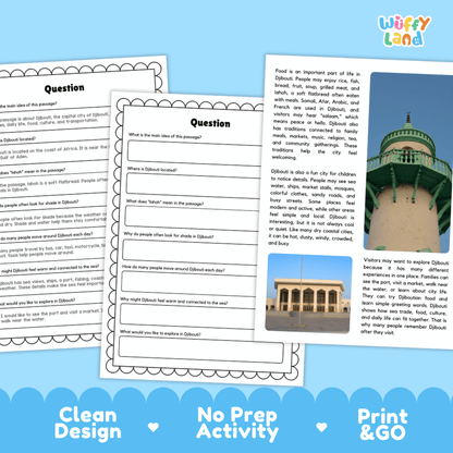Student reading passage titled A City by the Red Sea detailing Djibouti city Red Sea port mosques lahoh and coastal desert photography