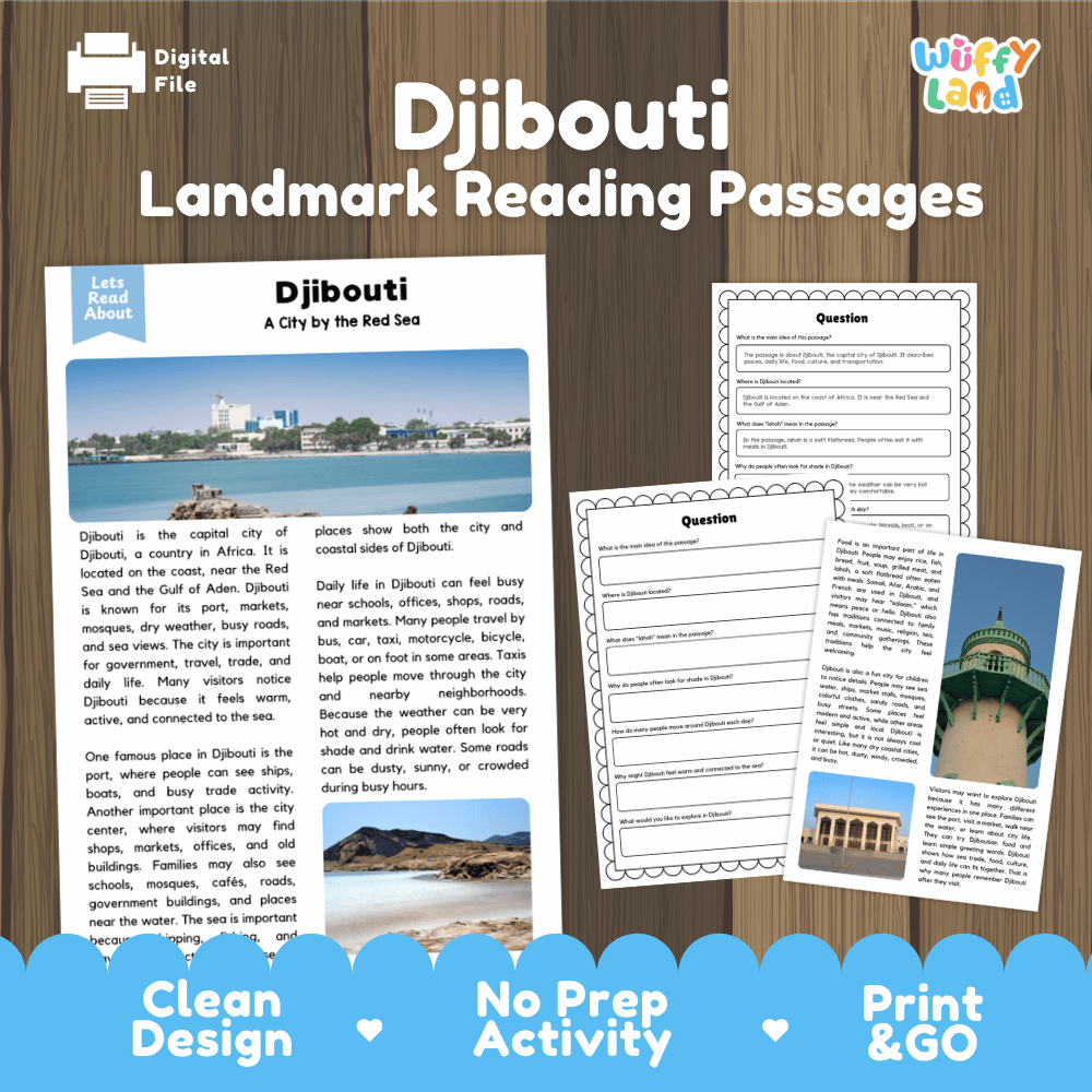 Djibouti landmark reading passage and comprehension worksheet educational unit featuring nonfiction text and authentic Djibouti Red Sea port photography