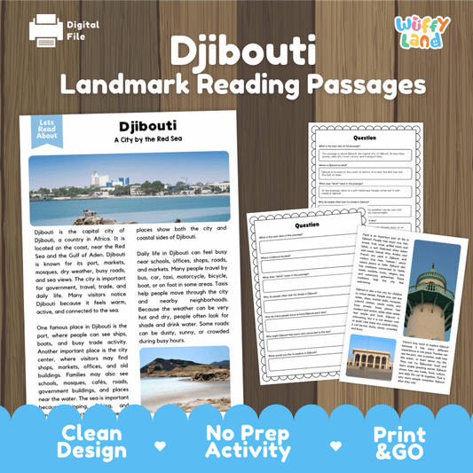 Djibouti landmark reading passage and comprehension worksheet educational unit featuring nonfiction text and authentic Djibouti Red Sea port photography