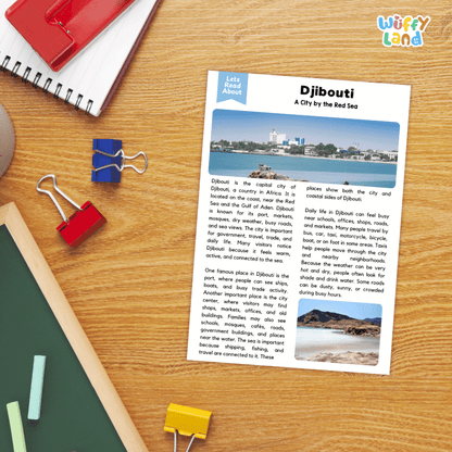 Lined reading comprehension question worksheet covering main ideas vocabulary terms and landmark facts about Djibouti East Africa