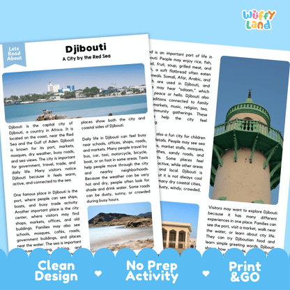 Reference sheet and answer key for Djibouti landmark reading passage displaying completed comprehension answers and African geography facts