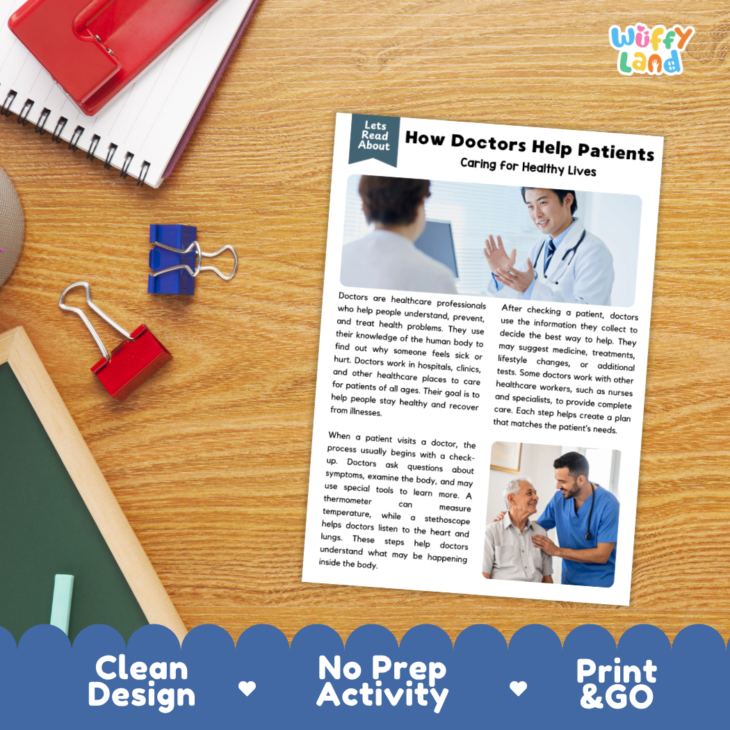Printable student worksheet with short-answer reading comprehension questions covering doctors and healthcare