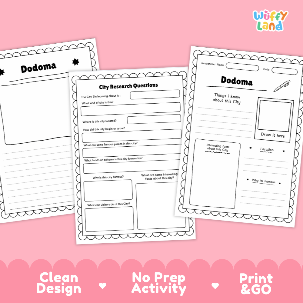 Three printable activity sheets for learning about Dodoma shown on a pink background with promotional text at the bottom. The sheets are white with black outlines and text, featuring sections for city research questions, notes, and drawings.