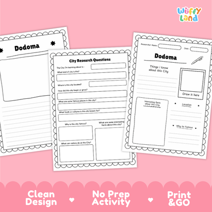 Three printable activity sheets for learning about Dodoma shown on a pink background with promotional text at the bottom. The sheets are white with black outlines and text, featuring sections for city research questions, notes, and drawings.