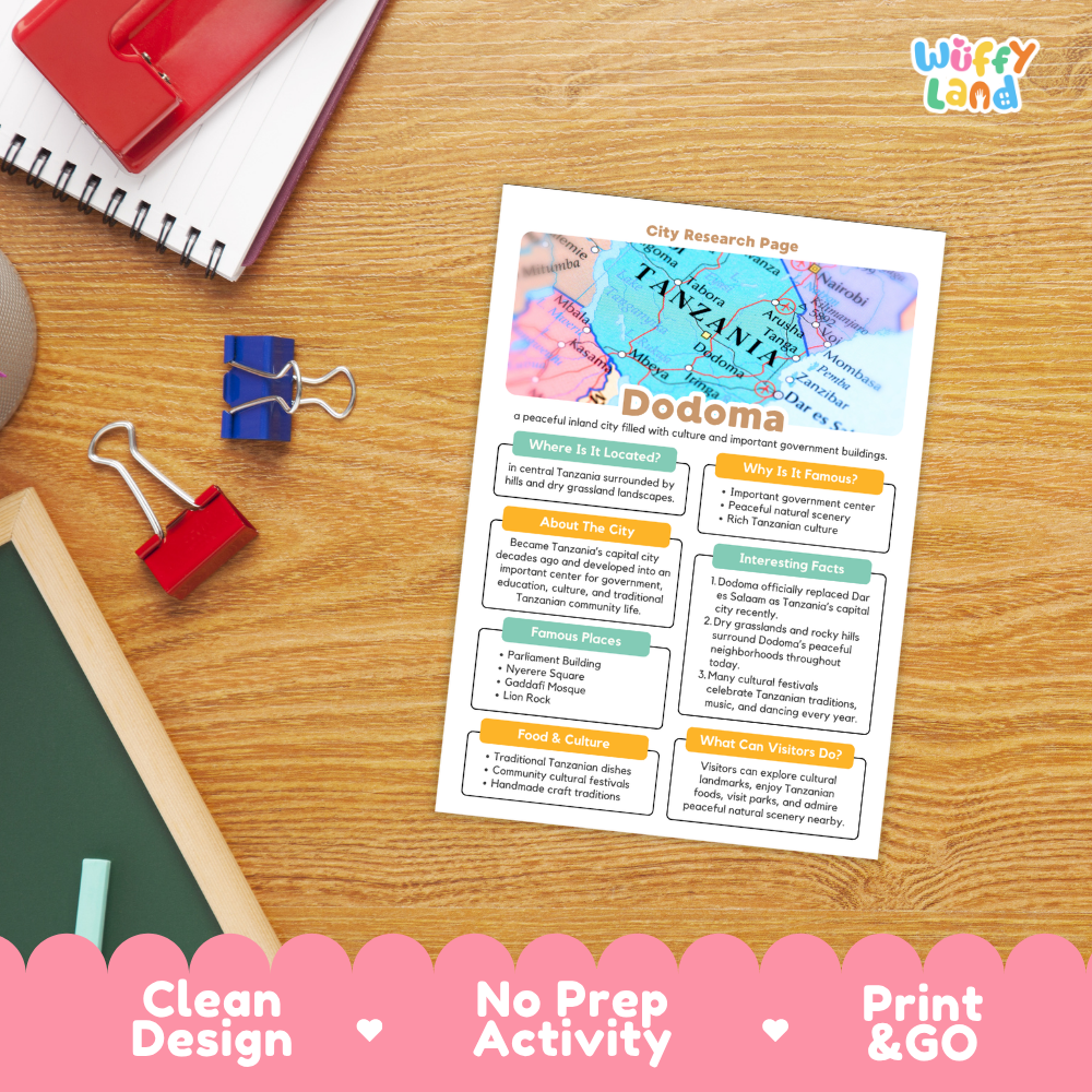 A printed Tanzania city research page activity sheet titled 'Dodoma' is displayed on a wooden desk with notebooks, binder clips, and a chalkboard. The sheet includes colorful map graphics, text boxes, and a 'Wiffly land' logo in the top right.