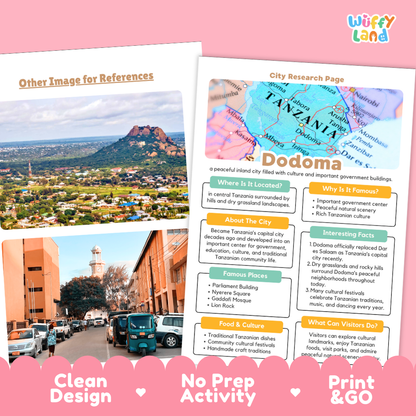 Two printed educational travel posters about Tanzania and Dodoma are shown overlapping on a pink background. The right poster is the main product, featuring a colorful map of Tanzania, a city research page layout about Dodoma, and a small photo of a street scene.